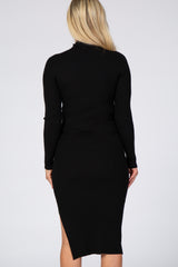 Black Ribbed Fitted Mock Neck Long Sleeve Maternity Midi Dress