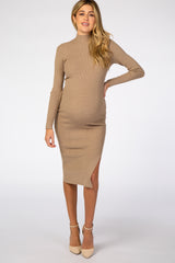 Taupe Ribbed Fitted Mock Neck Long Sleeve Maternity Midi Dress