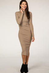 Taupe Ribbed Fitted Mock Neck Long Sleeve Maternity Midi Dress