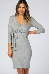 Heather Grey Brushed Knit Wrap Fitted Nursing Dress