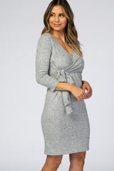 Heather Grey Brushed Knit Wrap Fitted Nursing Dress