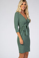 Green Brushed Knit Wrap Fitted Nursing Dress