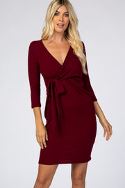 Burgundy Brushed Knit Wrap Fitted Nursing Dress