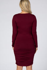 Burgundy Ruched Fitted Front Bow Maternity/Nursing Dress