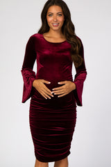 Burgundy Velvet Ruched Bell Sleeve Maternity Dress