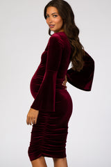 Burgundy Velvet Ruched Bell Sleeve Maternity Dress