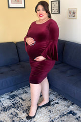 Burgundy Velvet Ruched Bell Sleeve Maternity Dress