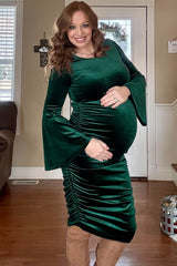 Forest Green Velvet Ruched Bell Sleeve Maternity Dress