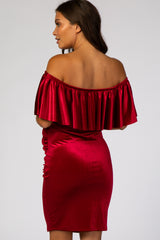 Red Velvet Off Shoulder Fitted Maternity Dress