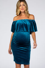 Teal Velvet Off Shoulder Fitted Maternity Dress