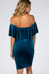 Teal Velvet Off Shoulder Fitted Maternity Dress