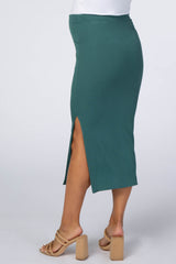 Emerald Green Ribbed Side Slit Maternity Midi Skirt