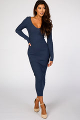 Blue V-Neck Long Sleeve Fitted Maternity Maxi Dress