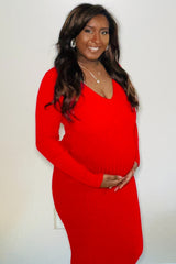 Red V-Neck Long Sleeve Fitted Maternity Maxi Dress