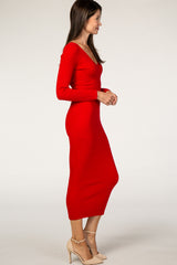 Red V-Neck Long Sleeve Fitted Maxi Dress