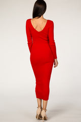 Red V-Neck Long Sleeve Fitted Maxi Dress