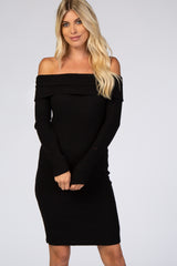 Black Soft Ribbed Folded Neck Off Shoulder Dress