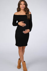 Black Soft Ribbed Folded Neck Off Shoulder Maternity Dress