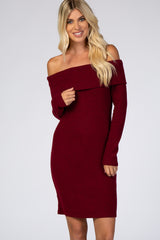 Burgundy Soft Ribbed Folded Neck Off Shoulder Dress