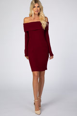 Burgundy Soft Ribbed Folded Neck Off Shoulder Maternity Dress