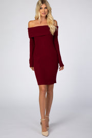 Burgundy Soft Ribbed Folded Neck Off Shoulder Dress