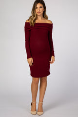 Burgundy Soft Ribbed Folded Neck Off Shoulder Maternity Dress