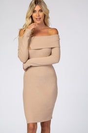 Mocha Soft Ribbed Folded Neck Off Shoulder Dress