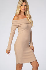 Mocha Soft Ribbed Folded Neck Off Shoulder Dress