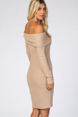 Mocha Soft Ribbed Folded Neck Off Shoulder Dress