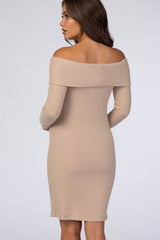 Mocha Soft Ribbed Folded Neck Off Shoulder Maternity Dress