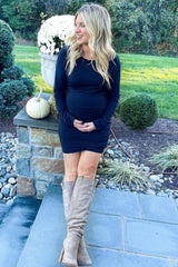 Navy Blue Long Sleeve Wrap Hem Fitted Maternity Dress