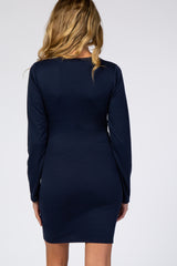 Navy Blue Long Sleeve Wrap Hem Fitted Maternity Dress