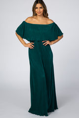 Forest Green Pleated Ruffle Off Shoulder Maternity Maxi Dress