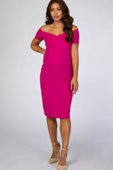 Magenta Solid Off Shoulder Maternity Fitted Dress