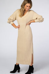 Beige V-Neck Ribbed Maternity Sweater Dress