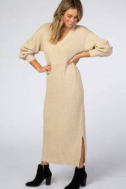 Beige V-Neck Ribbed Sweater Dress