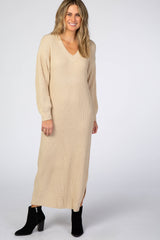 Beige V-Neck Ribbed Sweater Dress