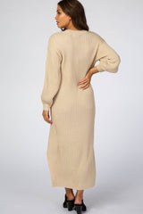 Beige V-Neck Ribbed Maternity Sweater Dress