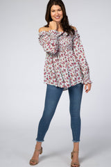 Light Blue Floral Off Shoulder Long Sleeve Top