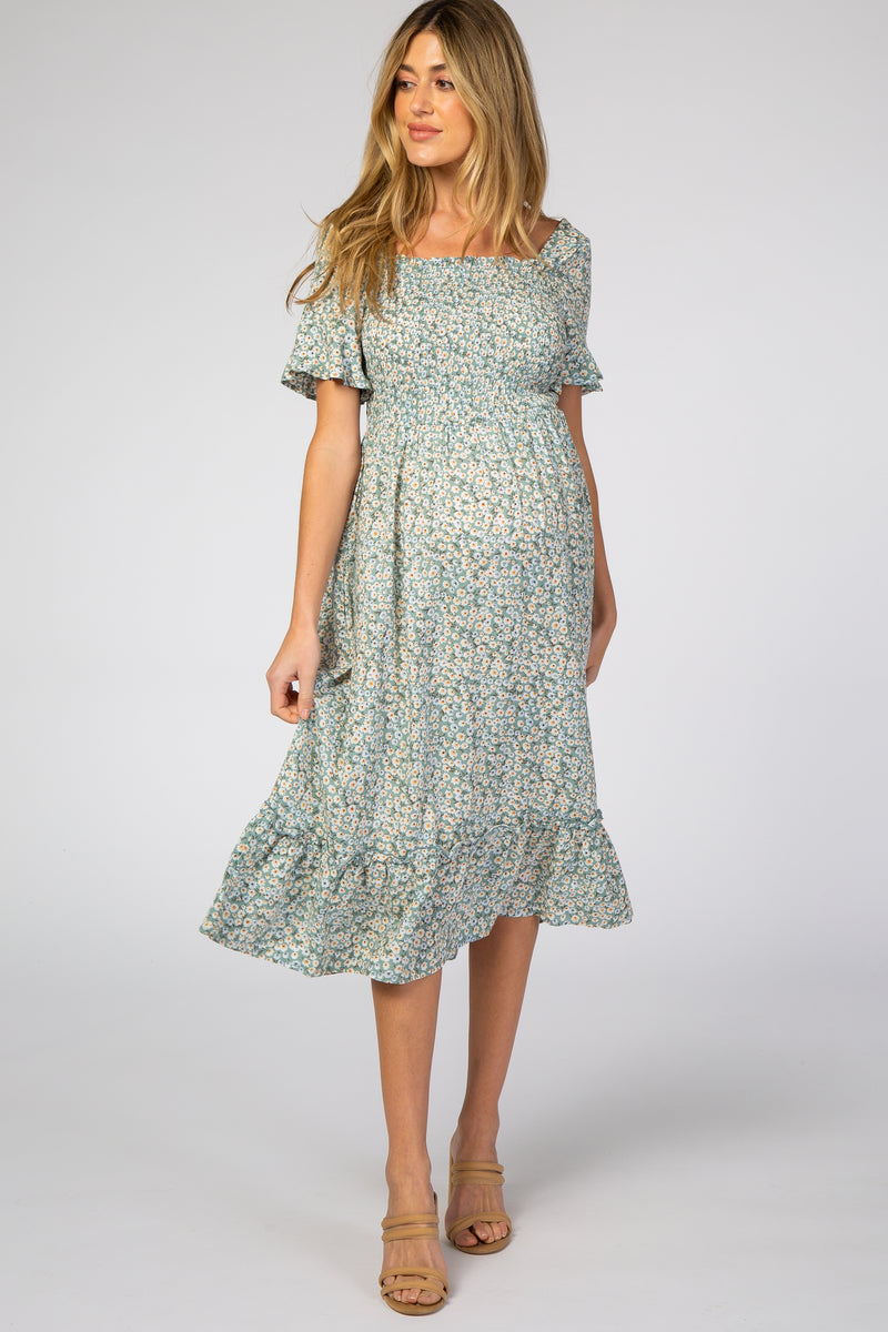 Light Blue Floral Ruffle Maternity Midi Dress – PinkBlush