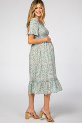 Light Blue Floral Ruffle Maternity Midi Dress