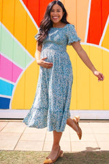 Light Blue Floral Ruffle Maternity Midi Dress