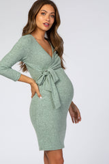 Mint Brushed Knit Wrap Fitted Maternity/Nursing Dress