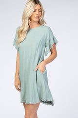 Mint Green Frayed Trim Back Keyhole Linen Dress