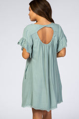 Mint Green Frayed Trim Back Keyhole Linen Maternity Dress