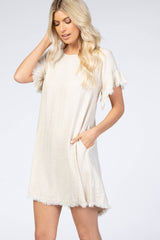 Cream Frayed Trim Back Keyhole Linen Dress