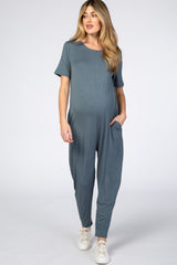 Dark Teal Basic Short Sleeve Maternity Jumpsuit