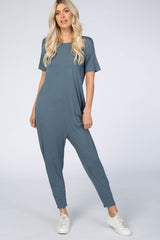 Dark Teal Basic Short Sleeve Jumpsuit