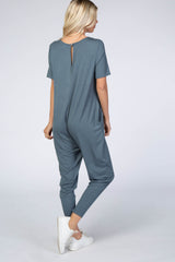 Dark Teal Basic Short Sleeve Jumpsuit