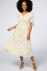 Ivory Floral Tie Sleeve Maternity Midi Dress